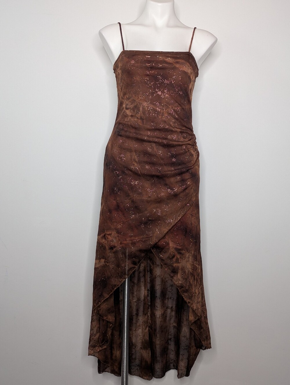 Vintage Y2K Rock Candy Brown Floral Glitter Square Neck Spaghetti Strap Dress M